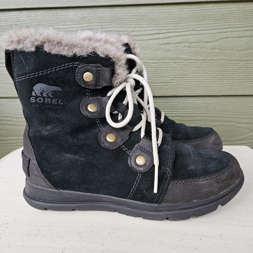 Sorel Explorer Joan Boots Waterproof Black Suede Faux Fur Womens Size 6 Eu 37